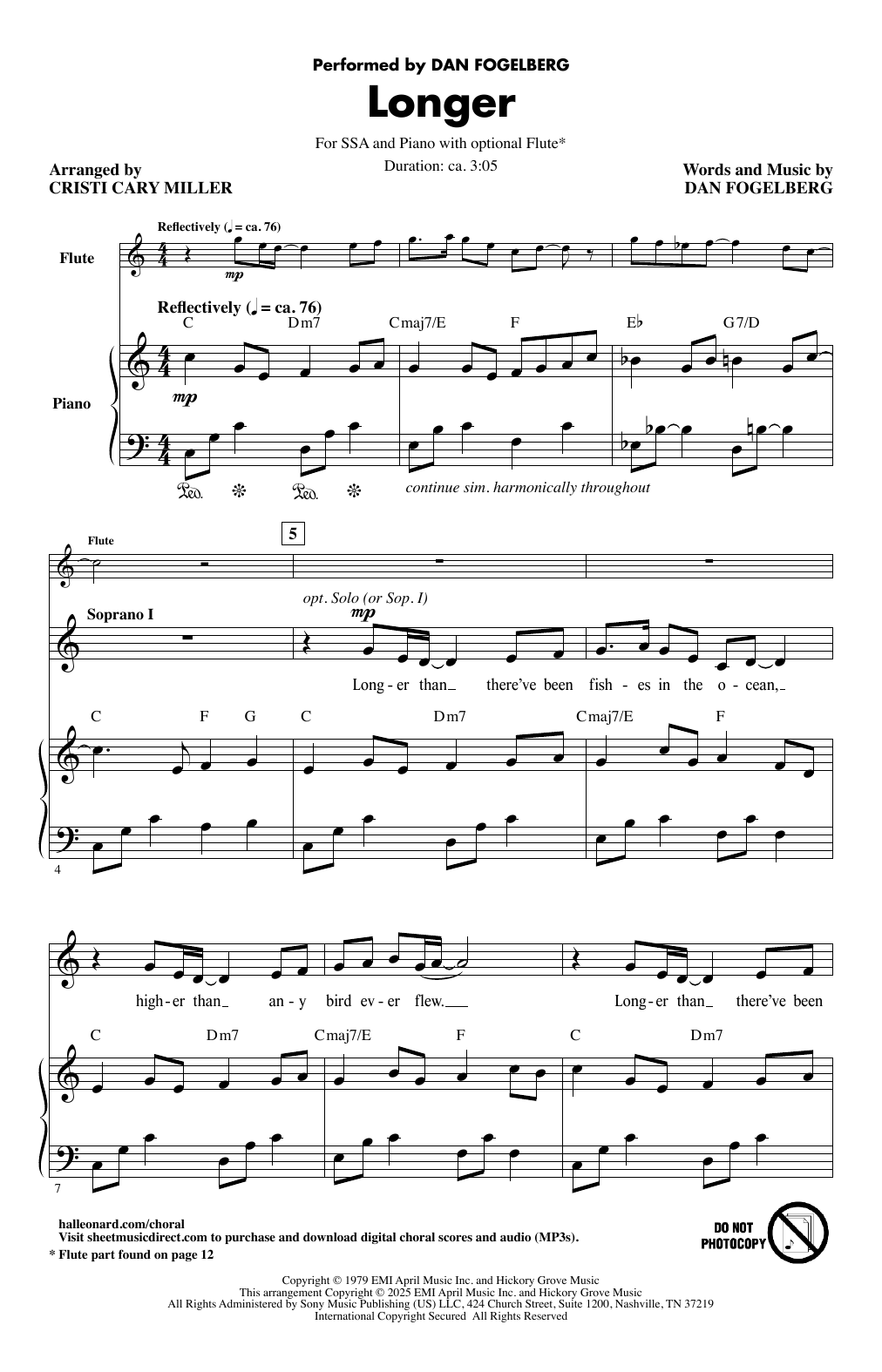 Dan Fogelberg Longer (arr. Cristi Cary Miller) Sheet Music Notes & Chords for SSA Choir - Download or Print PDF
