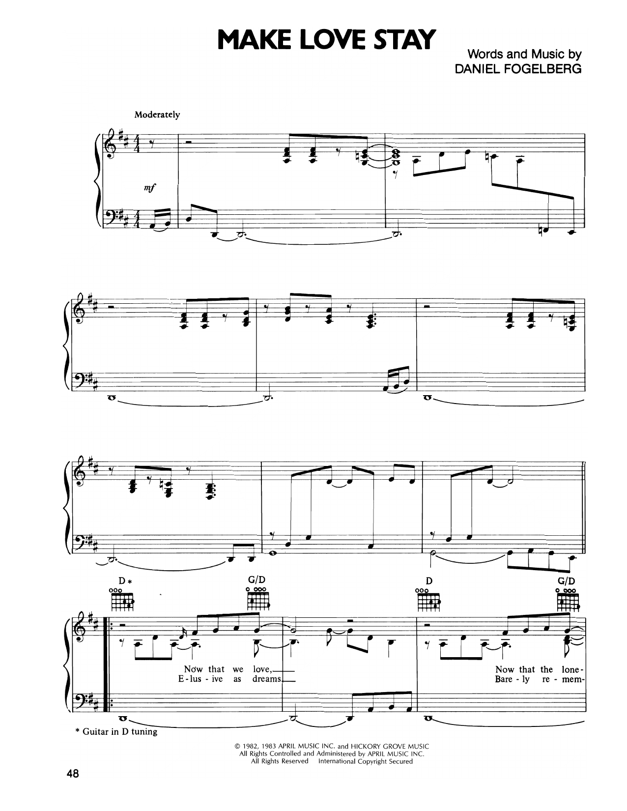 Dan Fogelberg Make Love Stay Sheet Music Notes & Chords for Piano, Vocal & Guitar Chords (Right-Hand Melody) - Download or Print PDF Dan Fogelberg Make Love Stay Sheet Music Notes & Chords for Piano, Vocal & Guitar Chords (Right-Hand Melody) - Download or Print PDF