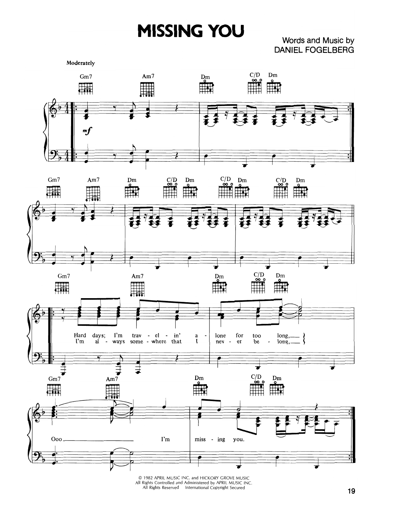Dan Fogelberg Missing You (Fogelberg) Sheet Music Notes & Chords for Piano, Vocal & Guitar Chords (Right-Hand Melody) - Download or Print PDF
