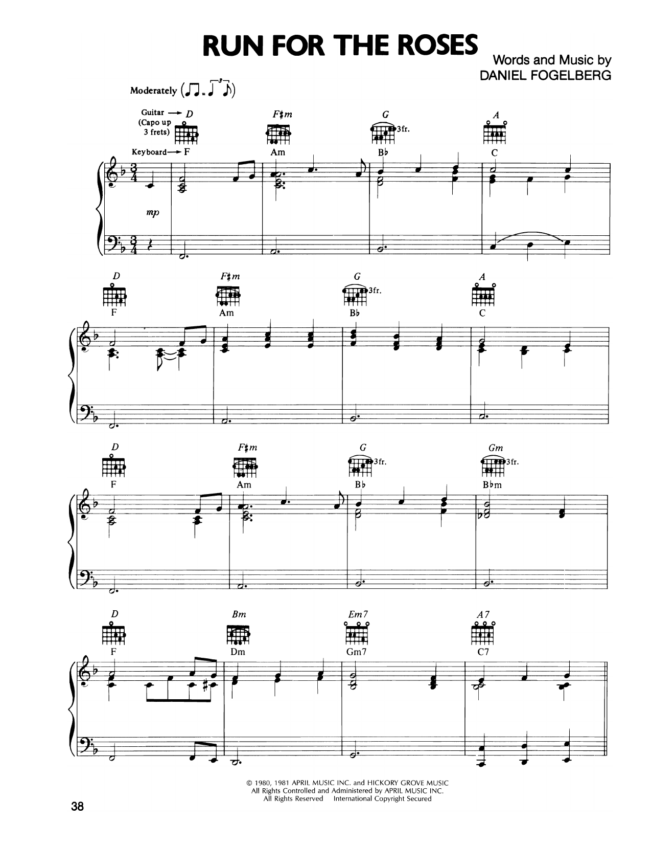 Dan Fogelberg Run For The Roses Sheet Music Notes & Chords for Piano, Vocal & Guitar (Right-Hand Melody) - Download or Print PDF