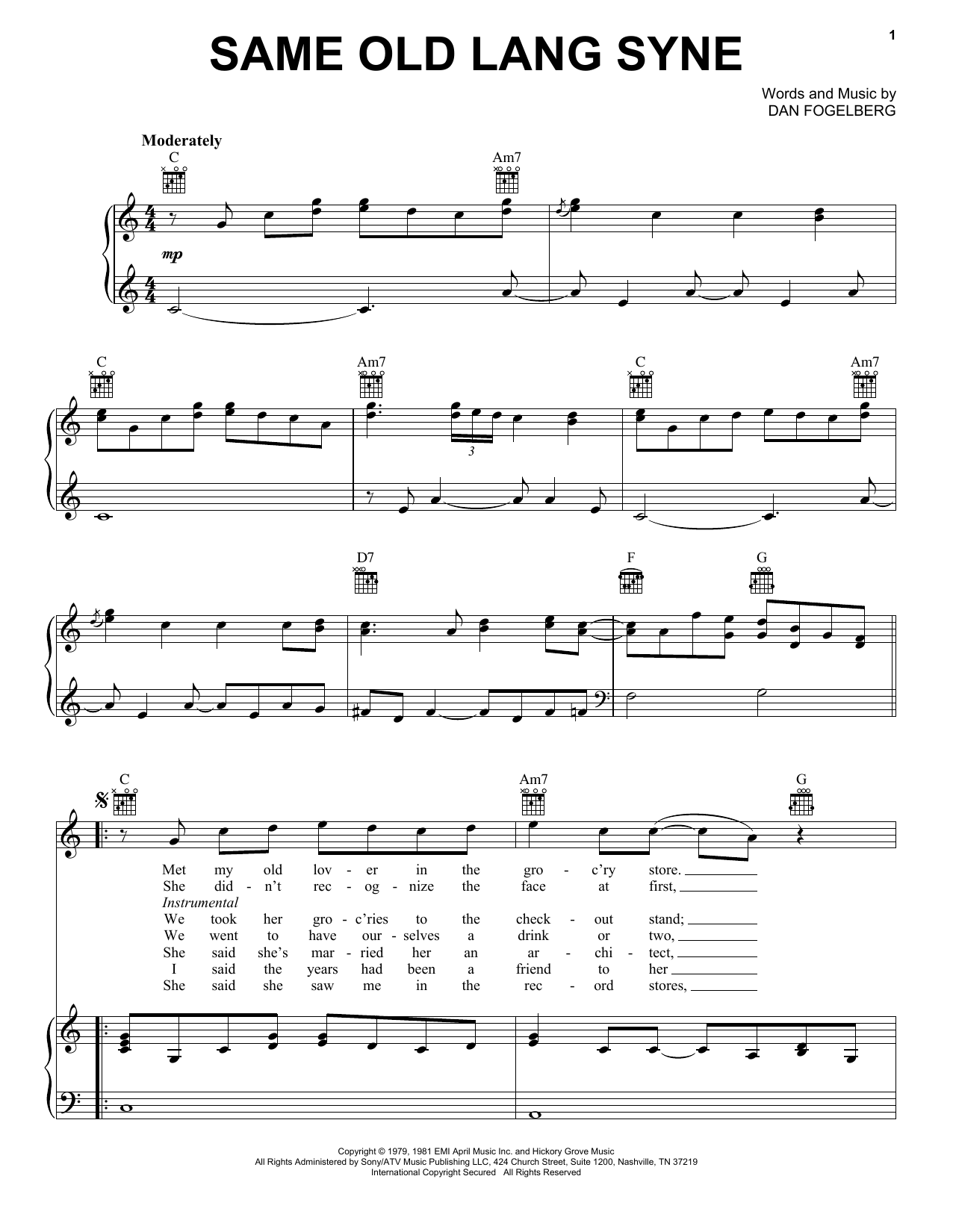 Dan Fogelberg Same Old Lang Syne Sheet Music Notes & Chords for Piano, Vocal & Guitar (Right-Hand Melody) - Download or Print PDF