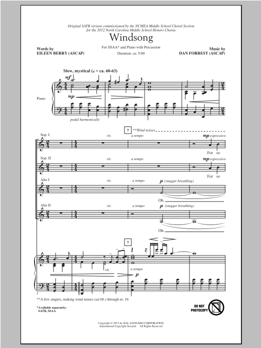 Dan Forrest Windsong Sheet Music Notes & Chords for SSA - Download or Print PDF