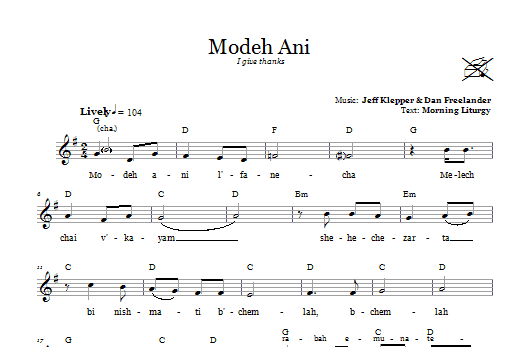 Dan Freelander Modeh Ani (I Give Thanks) Sheet Music Notes & Chords for Melody Line, Lyrics & Chords - Download or Print PDF