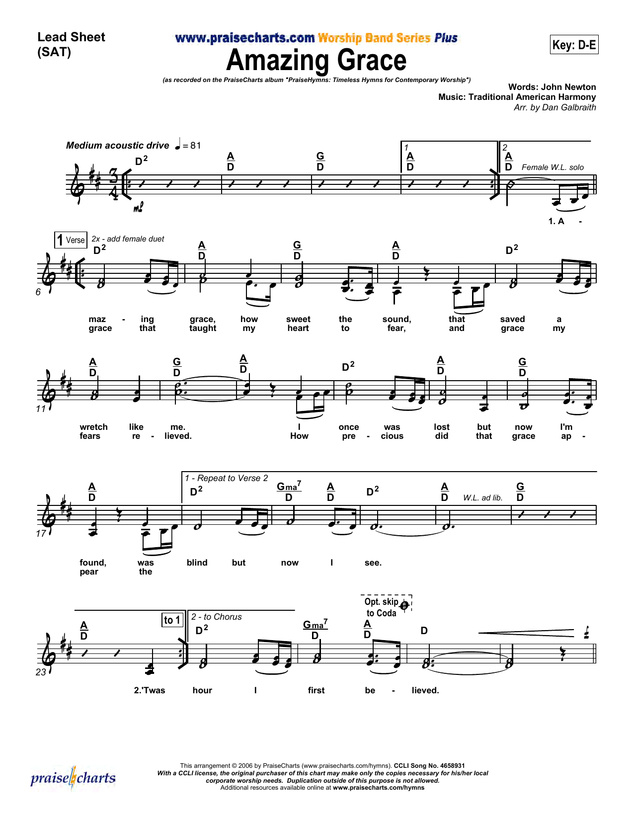 Dan Galbraith Amazing Grace Sheet Music Notes & Chords for Lead Sheet / Fake Book - Download or Print PDF
