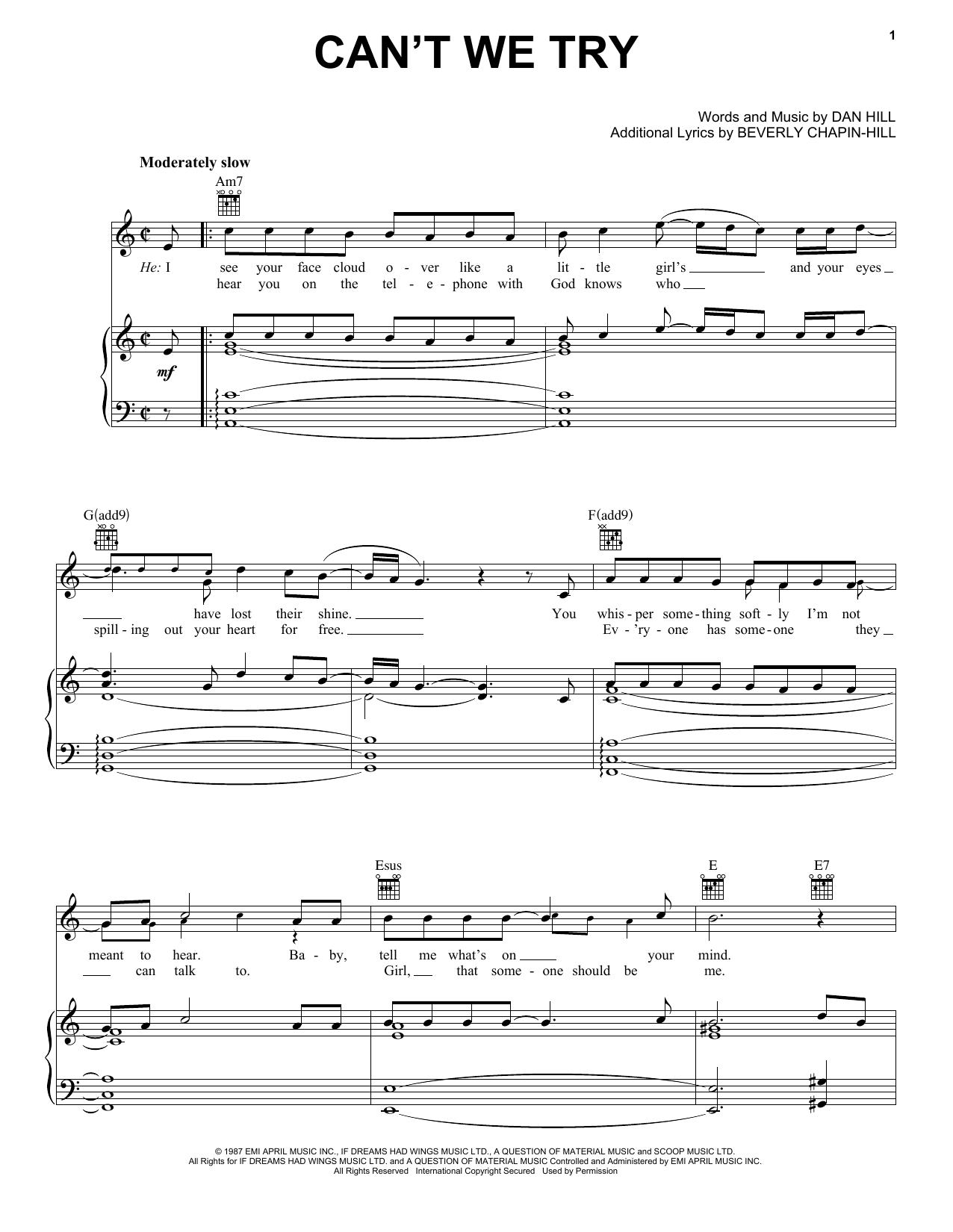 Dan Hill & Vonda Sheppard Can't We Try Sheet Music Notes & Chords for Piano, Vocal & Guitar Chords (Right-Hand Melody) - Download or Print PDF