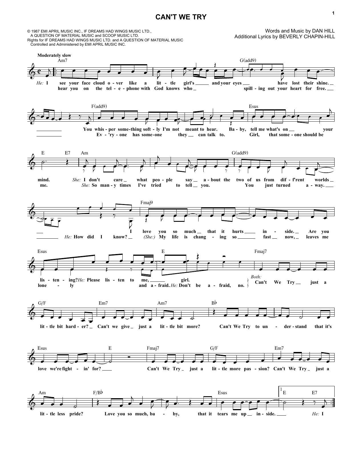 Dan Hill Can't We Try Sheet Music Notes & Chords for Melody Line, Lyrics & Chords - Download or Print PDF Dan Hill Can't We Try Sheet Music Notes & Chords for Melody Line, Lyrics & Chords - Download or Print PDF