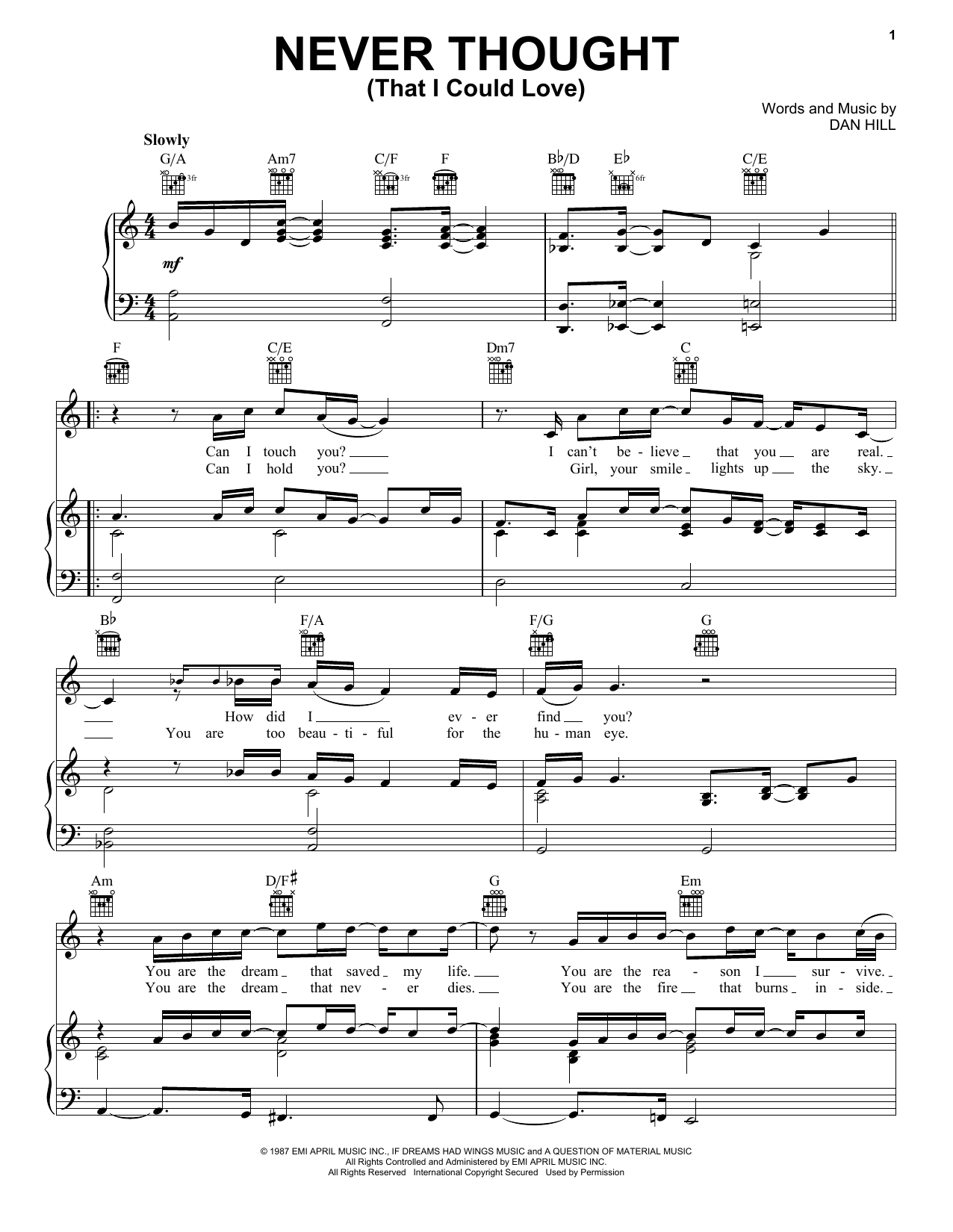 Dan Hill Never Thought (That I Could Love) Sheet Music Notes & Chords for Piano, Vocal & Guitar Chords (Right-Hand Melody) - Download or Print PDF
