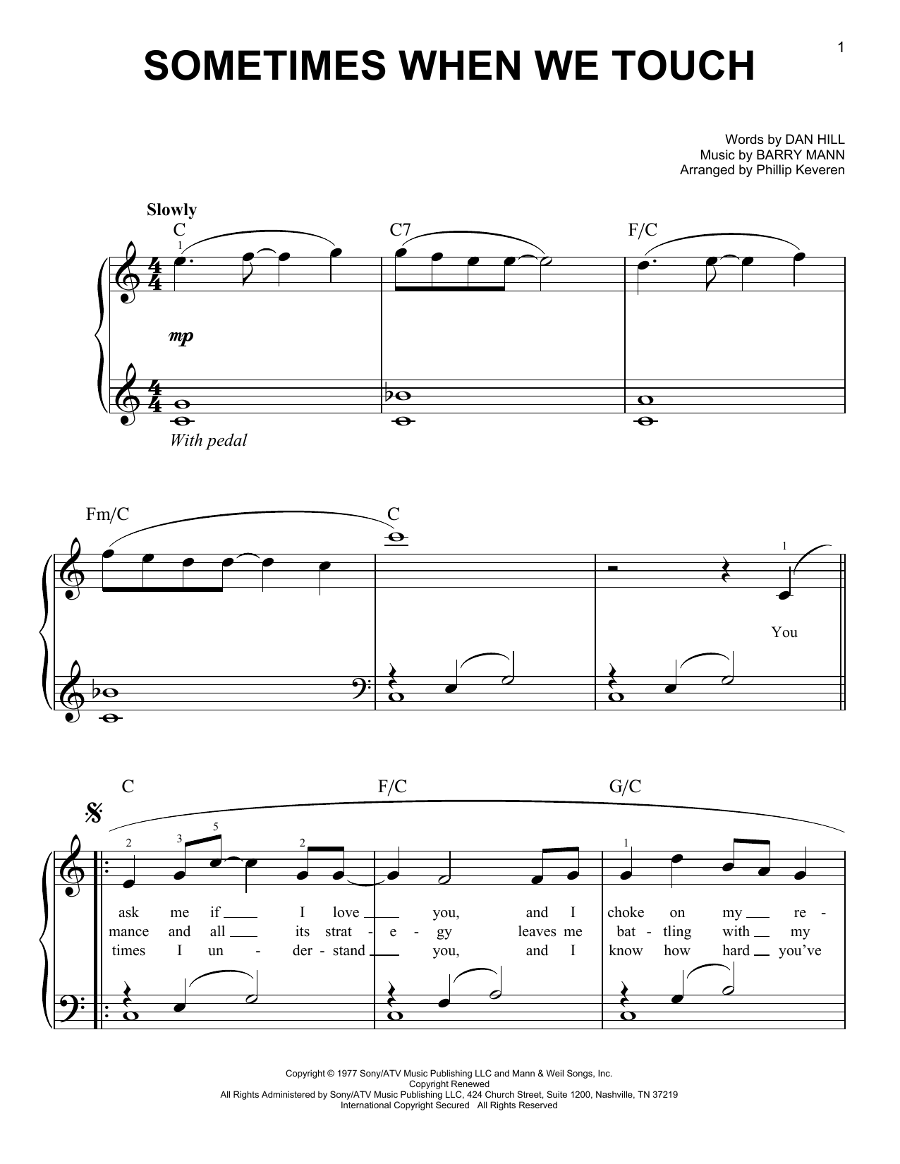 Dan Hill Sometimes When We Touch Sheet Music Notes & Chords for Easy Piano - Download or Print PDF