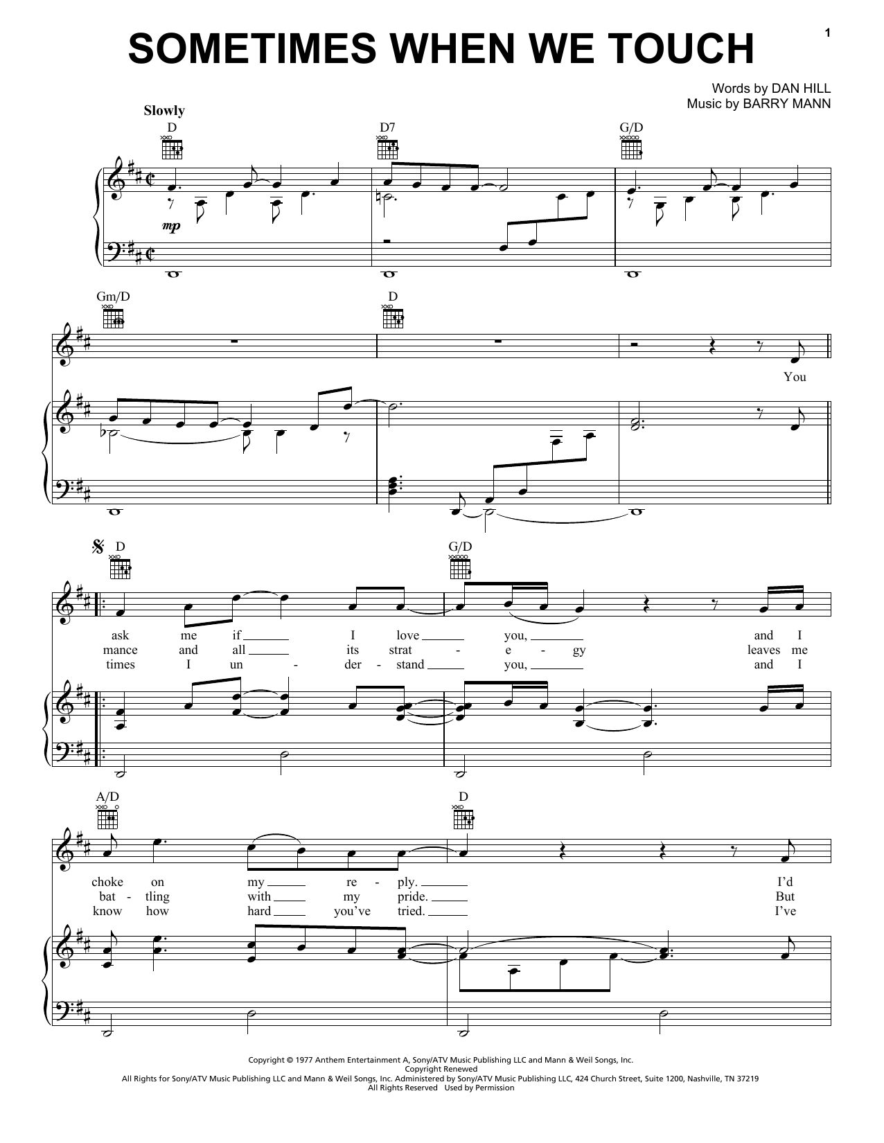 Dan Hill Sometimes When We Touch Sheet Music Notes & Chords for Piano - Download or Print PDF