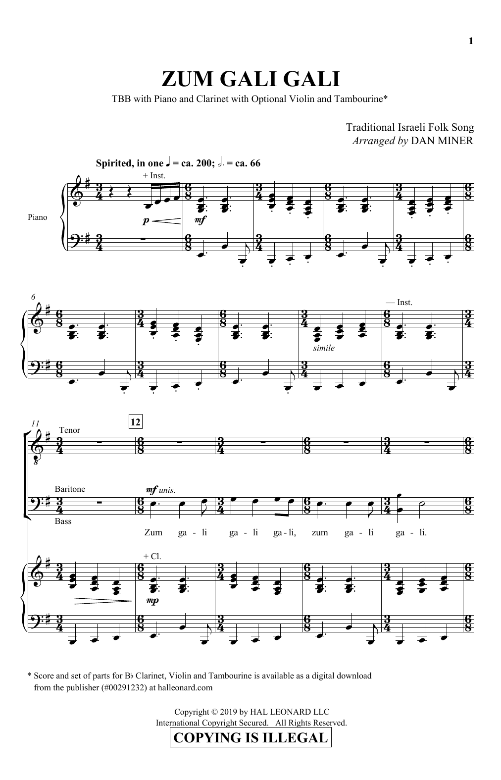 Dan Miner Zum Gali Gali Sheet Music Notes & Chords for TBB Choir - Download or Print PDF