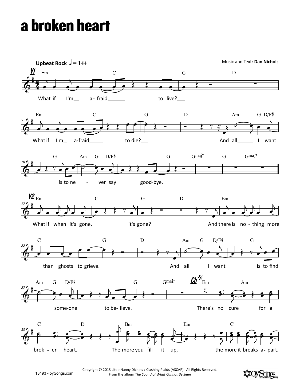 Dan Nichols A Broken Heart Sheet Music Notes & Chords for Melody Line, Lyrics & Chords - Download or Print PDF