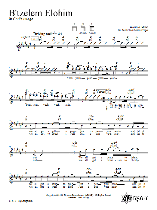 Dan Nichols B'tzelem Elohim Sheet Music Notes & Chords for Melody Line, Lyrics & Chords - Download or Print PDF