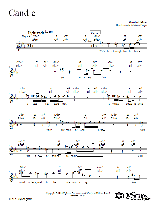 Dan Nichols Candle Sheet Music Notes & Chords for Melody Line, Lyrics & Chords - Download or Print PDF