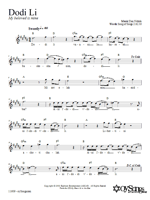 Dan Nichols Dodi Li Sheet Music Notes & Chords for Melody Line, Lyrics & Chords - Download or Print PDF Dan Nichols Dodi Li Sheet Music Notes & Chords for Melody Line, Lyrics & Chords - Download or Print PDF
