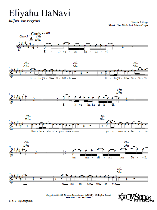 Dan Nichols Eliyahu HaNavi Sheet Music Notes & Chords for Melody Line, Lyrics & Chords - Download or Print PDF