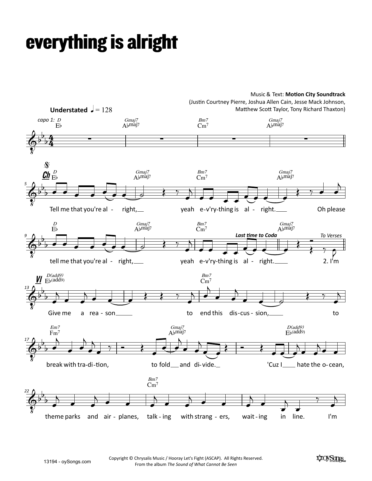 Dan Nichols Everything Is Alright Sheet Music Notes & Chords for Melody Line, Lyrics & Chords - Download or Print PDF