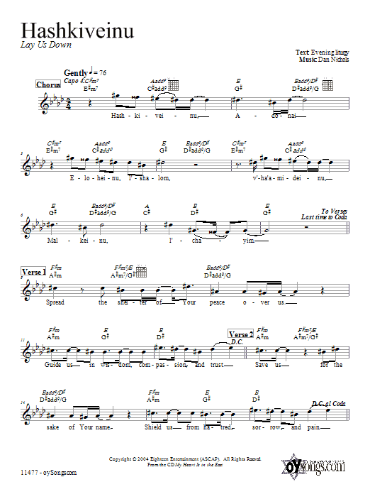 Dan Nichols Hashkiveinu Sheet Music Notes & Chords for Melody Line, Lyrics & Chords - Download or Print PDF