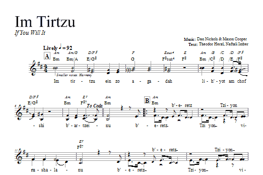 Dan Nichols Im Tirtzu Sheet Music Notes & Chords for Melody Line, Lyrics & Chords - Download or Print PDF