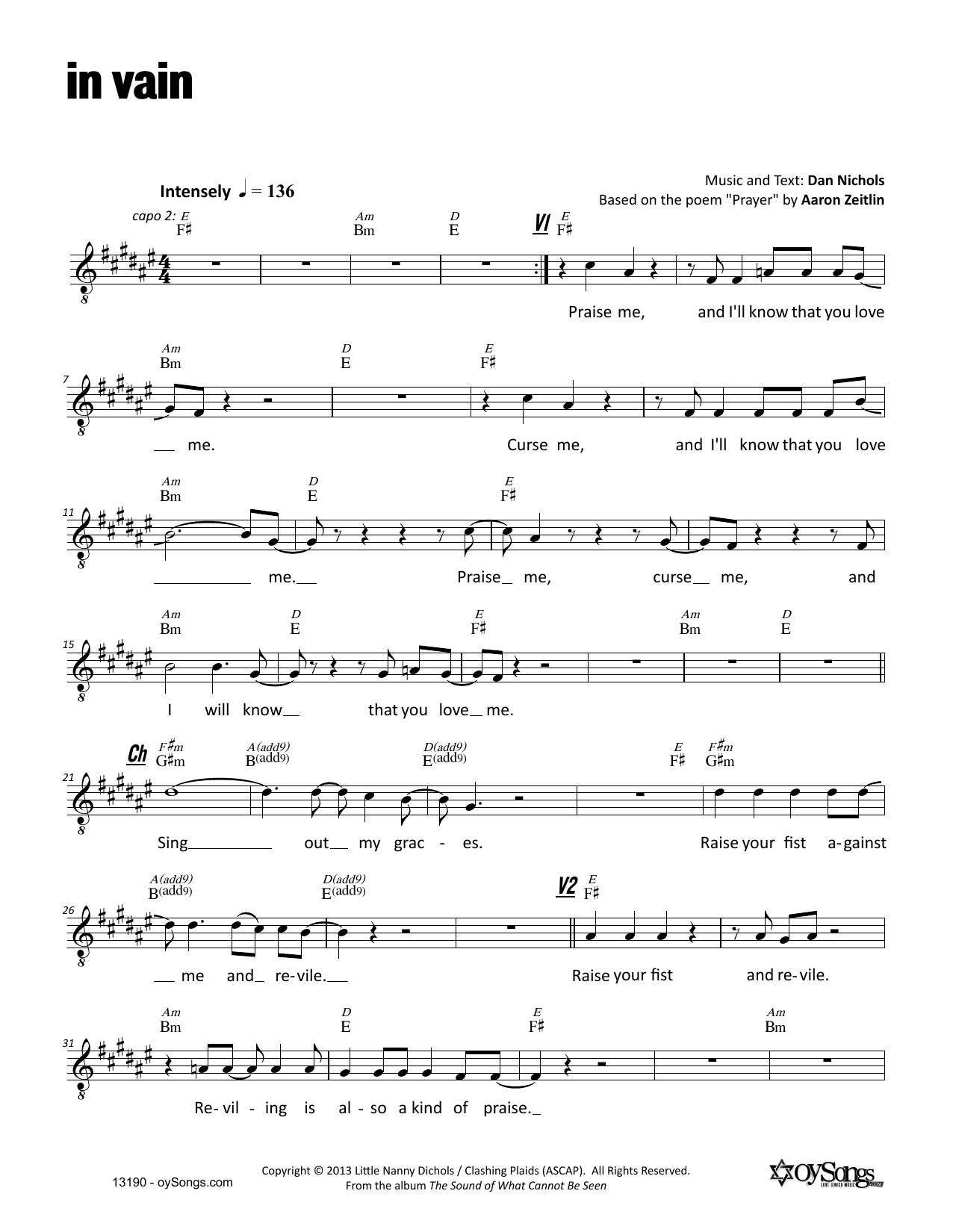 Dan Nichols In Vain Sheet Music Notes & Chords for Melody Line, Lyrics & Chords - Download or Print PDF
