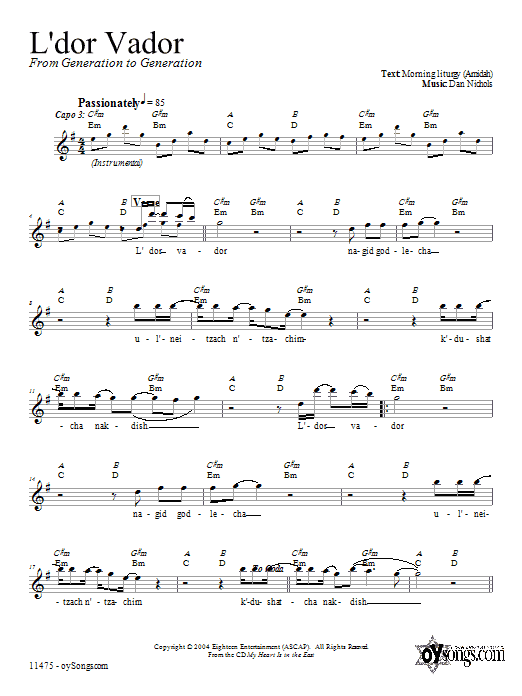 Dan Nichols L'dor Vador Sheet Music Notes & Chords for Melody Line, Lyrics & Chords - Download or Print PDF