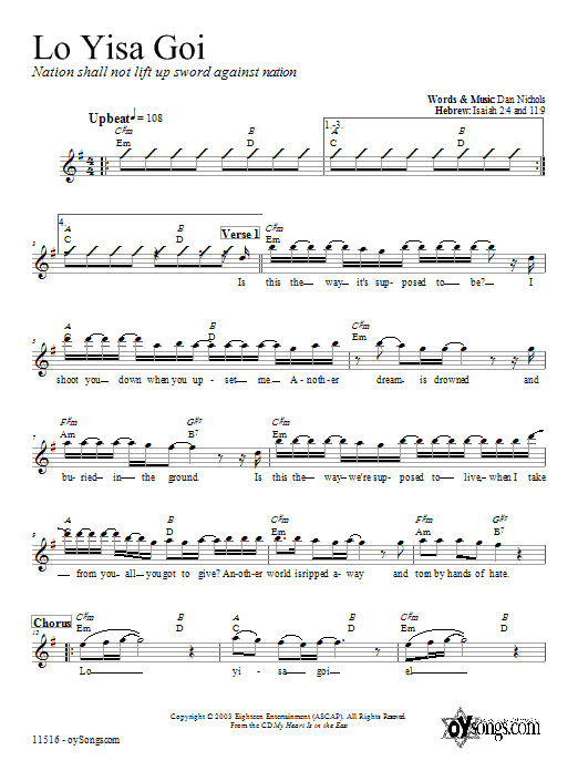 Dan Nichols Lo Yisa Goi Sheet Music Notes & Chords for Melody Line, Lyrics & Chords - Download or Print PDF
