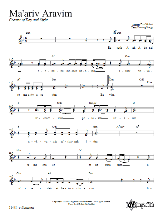 Dan Nichols Ma'ariv Aravim Sheet Music Notes & Chords for Melody Line, Lyrics & Chords - Download or Print PDF