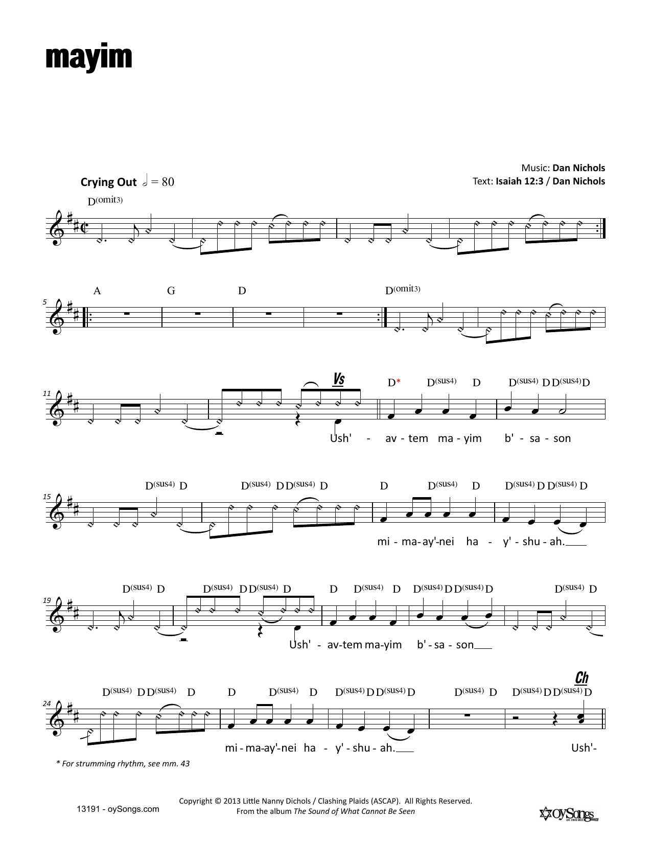 Dan Nichols Mayim Sheet Music Notes & Chords for Melody Line, Lyrics & Chords - Download or Print PDF
