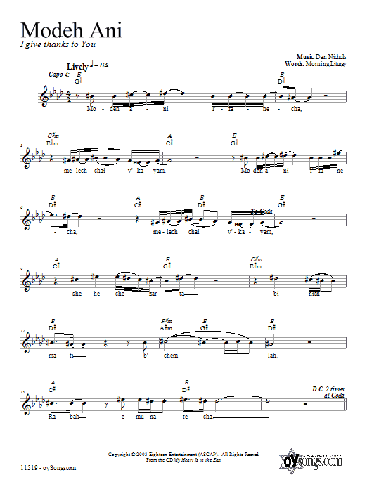 Dan Nichols Modeh Ani Sheet Music Notes & Chords for Melody Line, Lyrics & Chords - Download or Print PDF