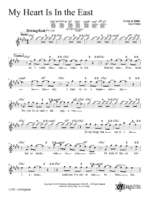 Dan Nichols My Heart Is In the East Sheet Music Notes & Chords for Melody Line, Lyrics & Chords - Download or Print PDF