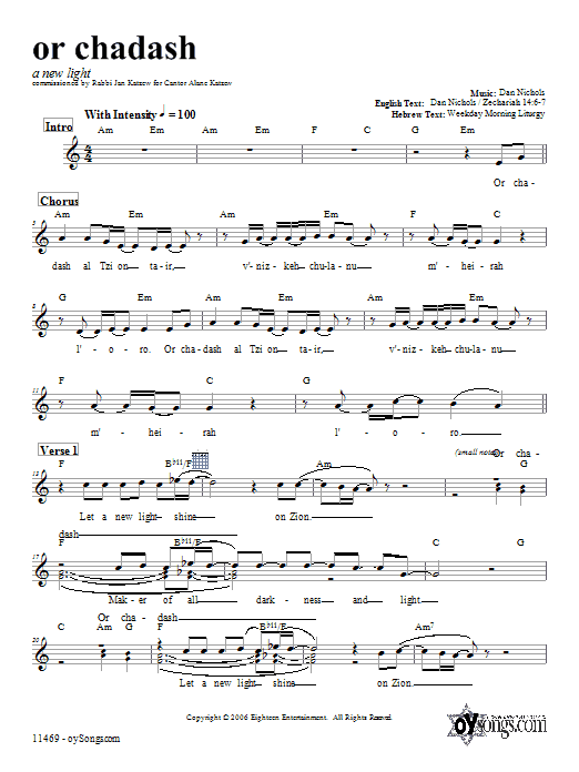 Dan Nichols Or Chadash Sheet Music Notes & Chords for Melody Line, Lyrics & Chords - Download or Print PDF