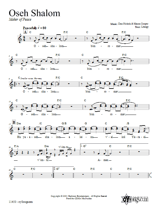 Dan Nichols Oseh Shalom Sheet Music Notes & Chords for Melody Line, Lyrics & Chords - Download or Print PDF