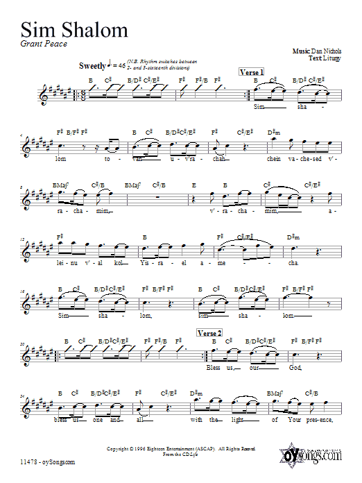 Dan Nichols Sim Shalom Sheet Music Notes & Chords for Melody Line, Lyrics & Chords - Download or Print PDF