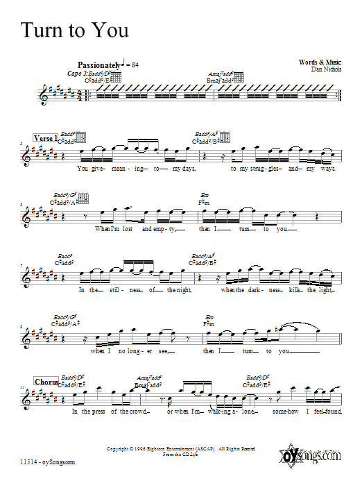 Dan Nichols Turn to You Sheet Music Notes & Chords for Melody Line, Lyrics & Chords - Download or Print PDF