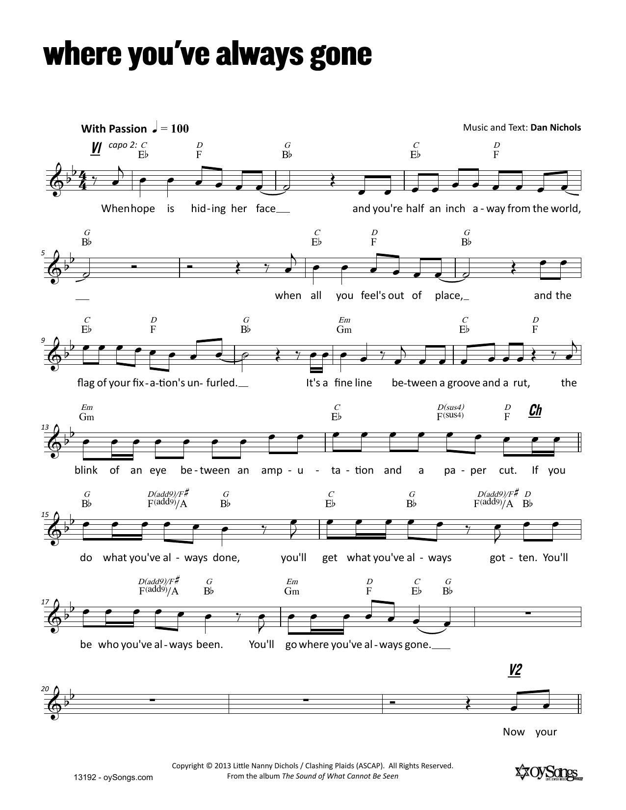 Dan Nichols Where You've Always Gone Sheet Music Notes & Chords for Melody Line, Lyrics & Chords - Download or Print PDF