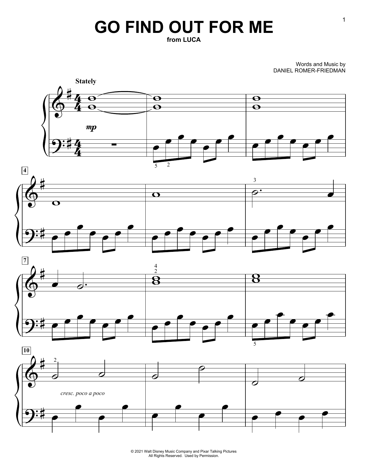 Dan Romer Go Find Out For Me (from Luca) Sheet Music Notes & Chords for Big Note Piano - Download or Print PDF