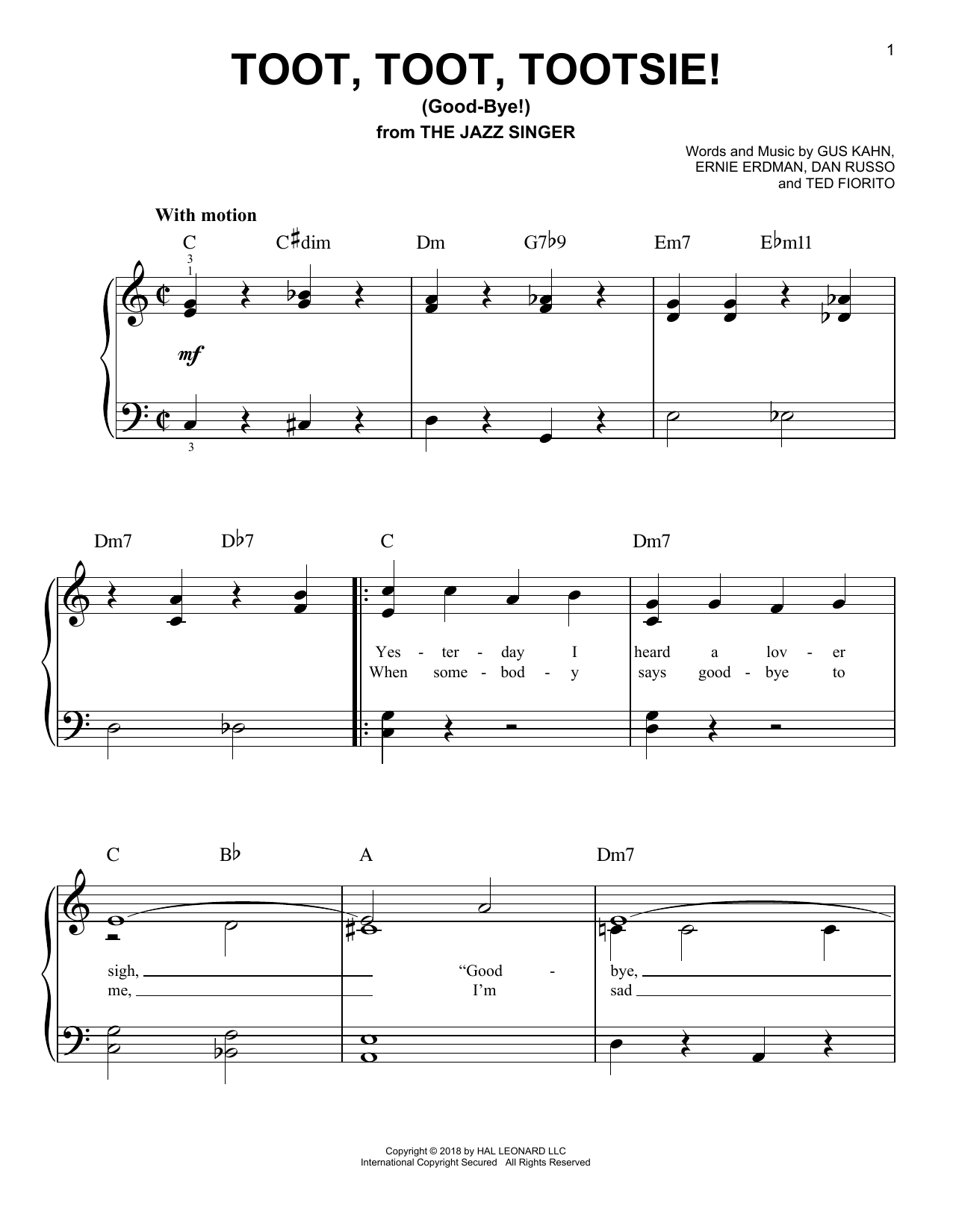 Dan Russo Toot, Toot, Tootsie! (Good-bye!) Sheet Music Notes & Chords for Easy Piano - Download or Print PDF