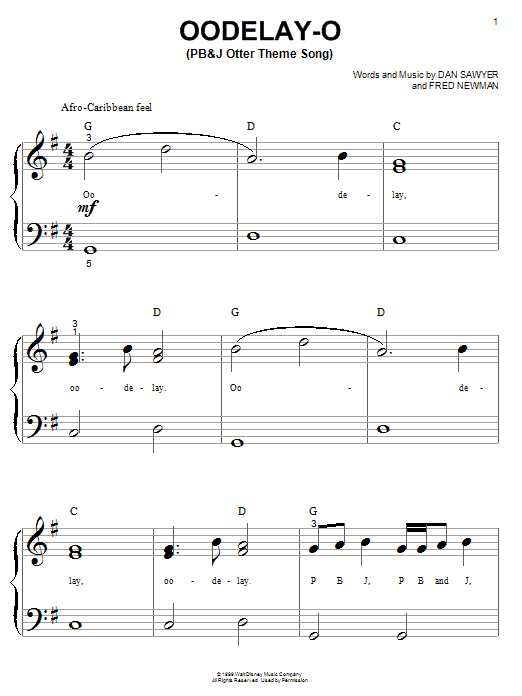 Dan Sawyer Oodelay-O (PB&J Otter Theme Song) Sheet Music Notes & Chords for 5-Finger Piano - Download or Print PDF