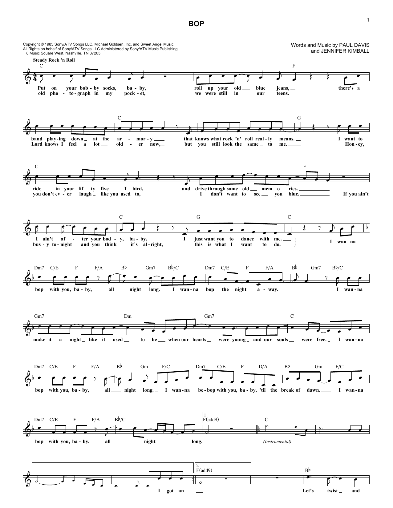 Dan Seals Bop Sheet Music Notes & Chords for Melody Line, Lyrics & Chords - Download or Print PDF