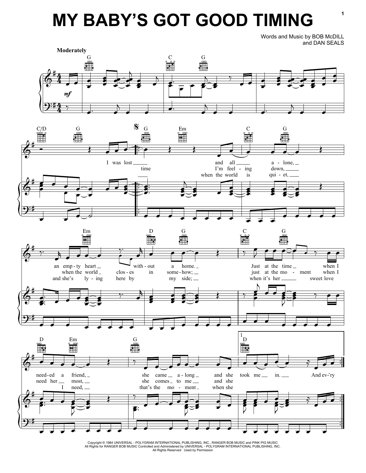 Dan Seals My Baby's Got Good Timing Sheet Music Notes & Chords for Piano, Vocal & Guitar Chords (Right-Hand Melody) - Download or Print PDF