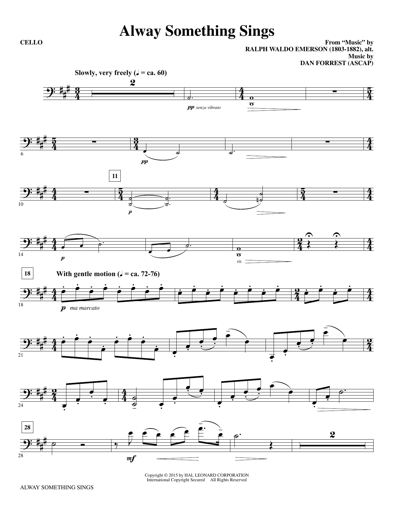 Preview Dan Forrest Alway Something Sings - Cello Concert sheet music, notes and chords for Choir Instrumental Pak, SKU: 343817 Alway Something Sings - Cello sheet music