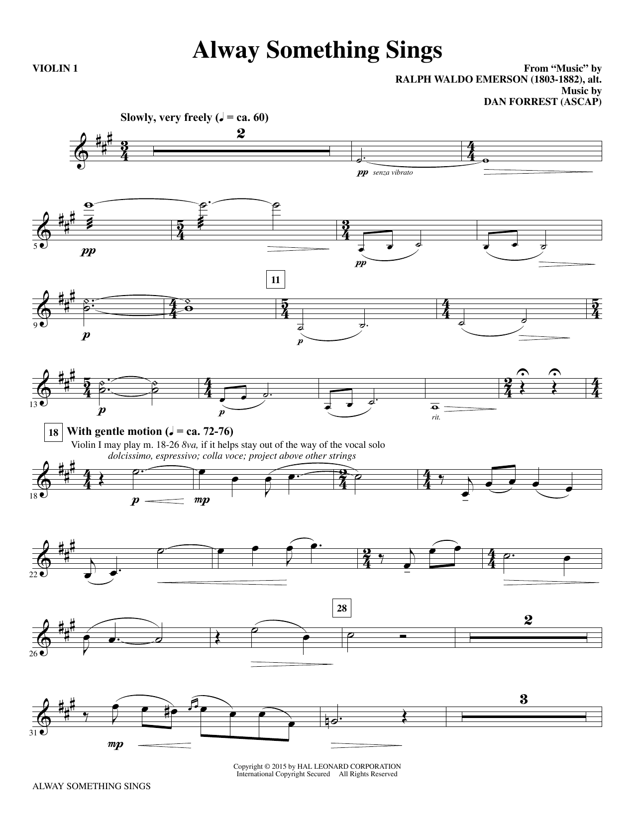 Preview Dan Forrest Alway Something Sings - Violin 1 Concert sheet music, notes and chords for Choir Instrumental Pak, SKU: 343814 Alway Something Sings - Violin 1 sheet music