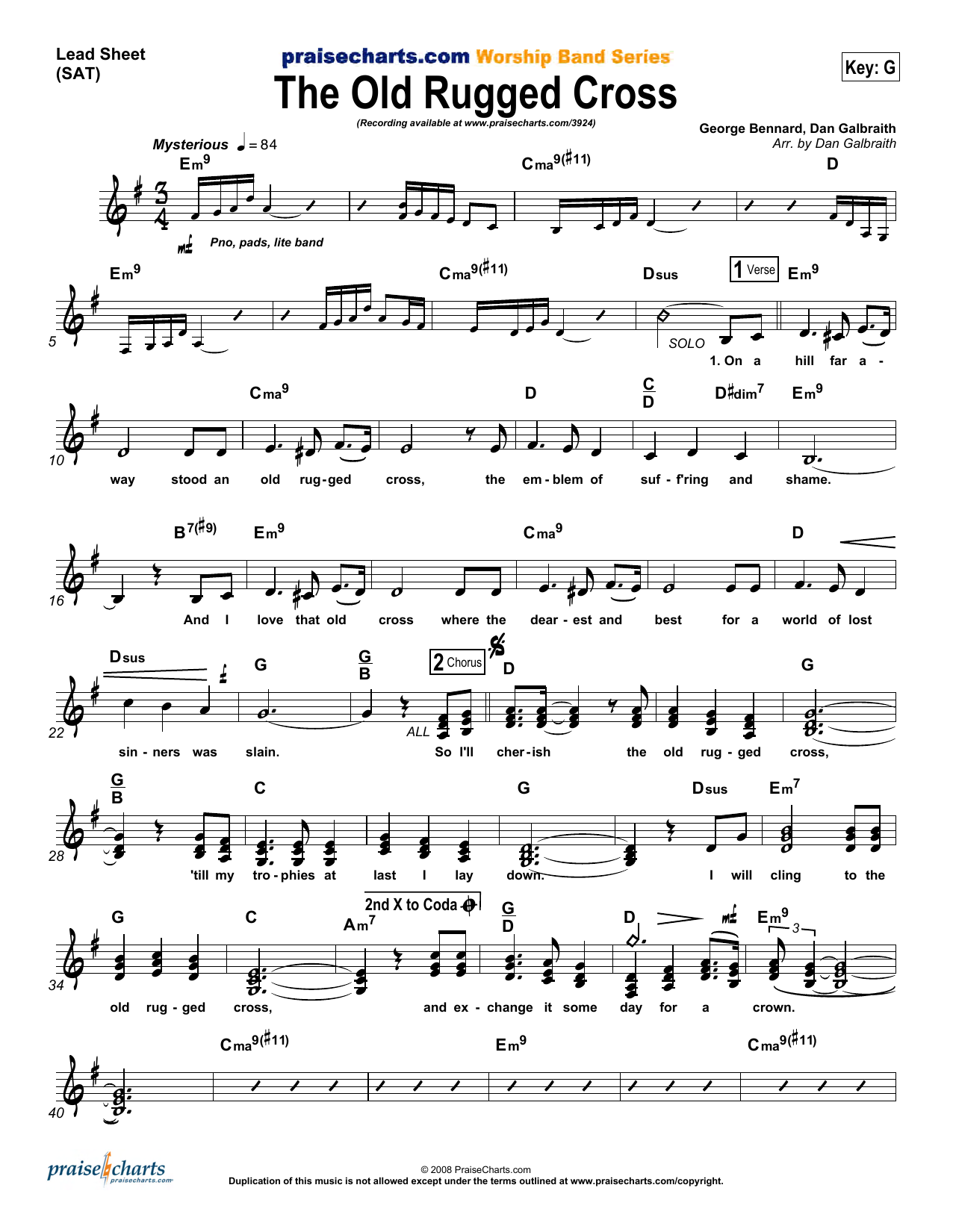 Preview Dan Galbraith The Old Rugged Cross Sacred sheet music, notes and chords for Lead Sheet / Fake Book, SKU: 344445 The Old Rugged Cross sheet music