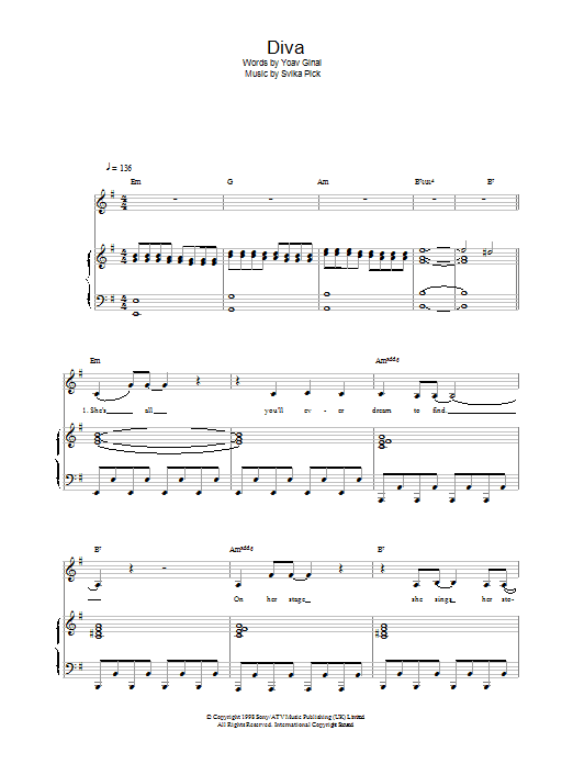 Dana International Diva Sheet Music Notes & Chords for Piano, Vocal & Guitar - Download or Print PDF