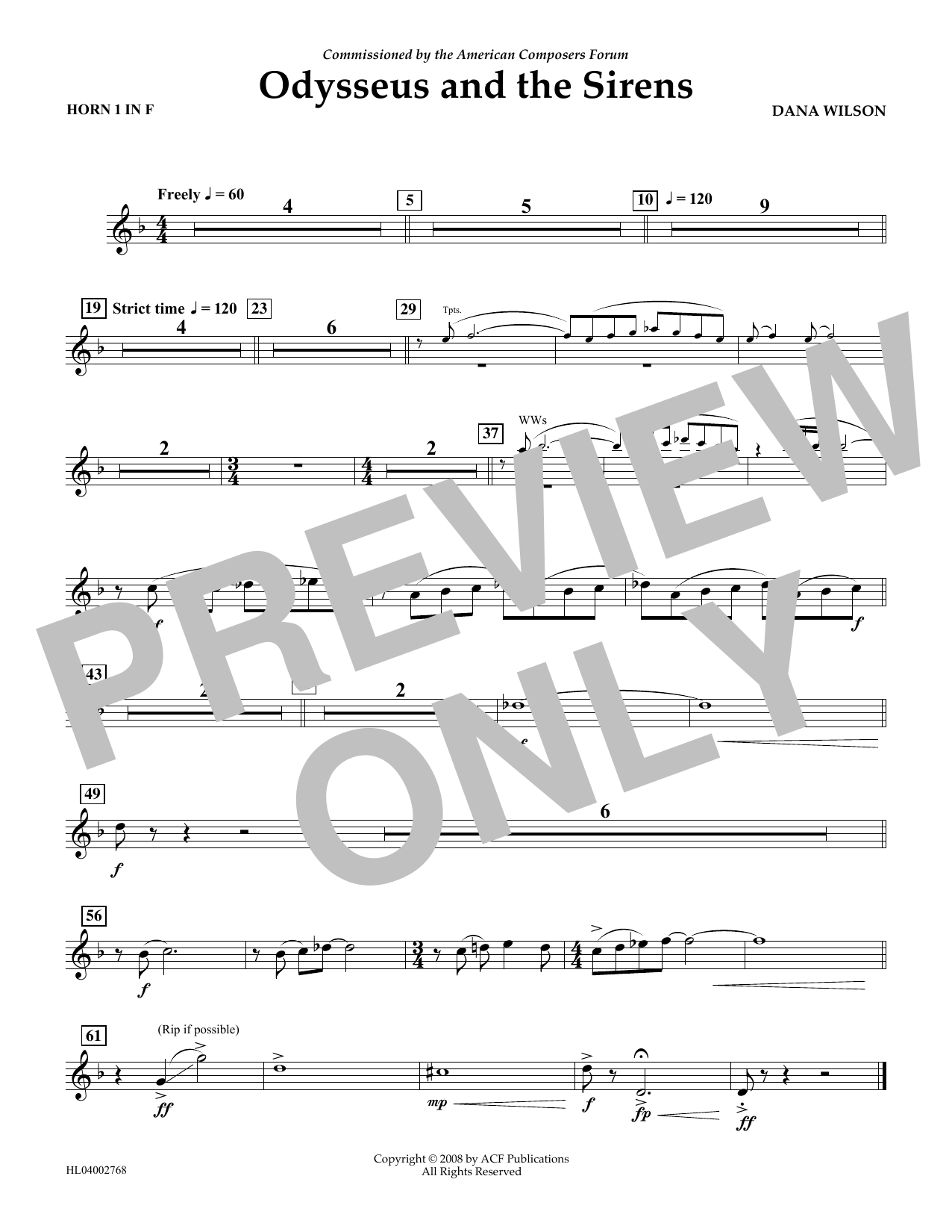 Dana Wilson Odysseus and the Sirens - F Horn 1 Sheet Music Notes & Chords for Concert Band - Download or Print PDF