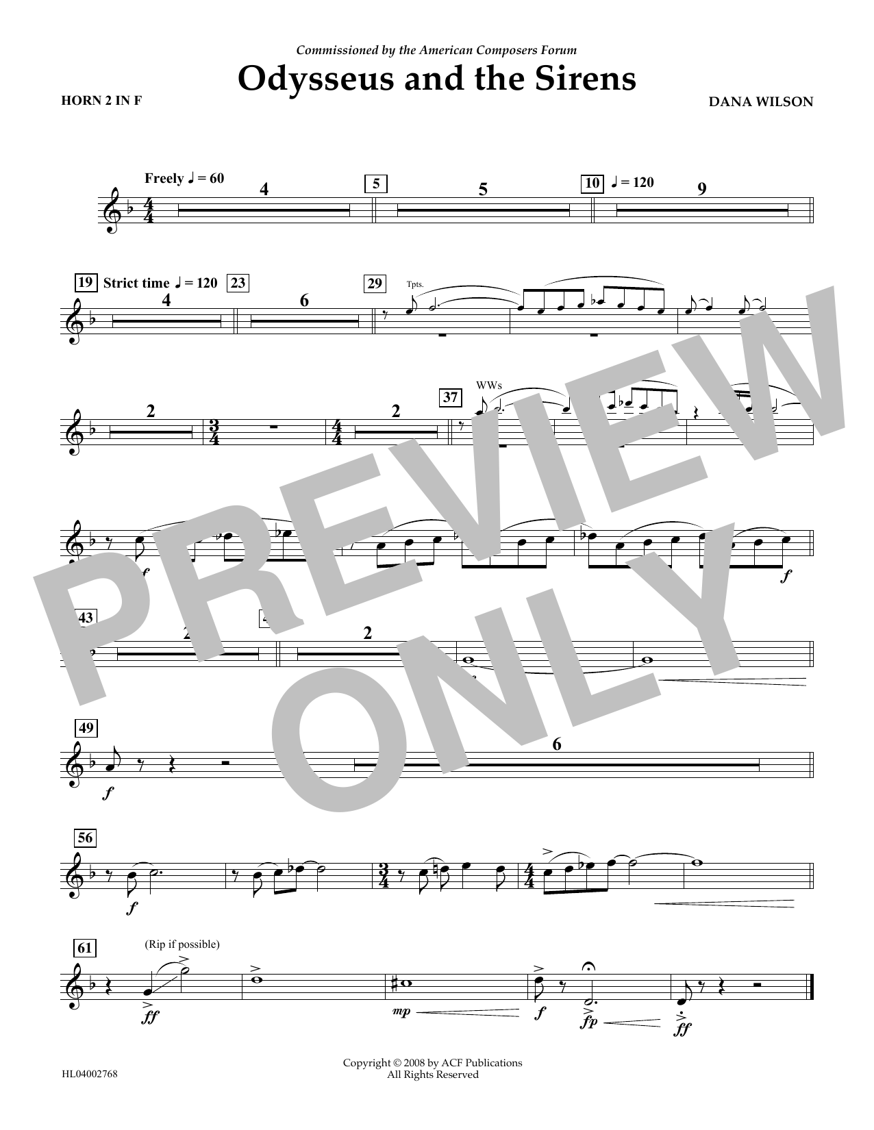 Dana Wilson Odysseus and the Sirens - F Horn 2 Sheet Music Notes & Chords for Concert Band - Download or Print PDF
