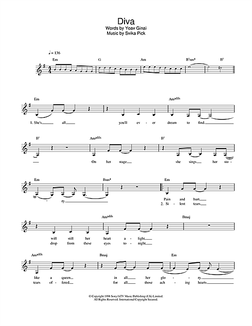 Preview Dana International Diva Pop sheet music, notes and chords for Piano, Vocal & Guitar, SKU: 23204 sheet music, piano notes, chords, guitar tabs, score, transpose, transcribe, how to play, guide, download, learn, tutorial, progression, song, artist, awards, billboard, mtv, vh1, tour, single, album, release