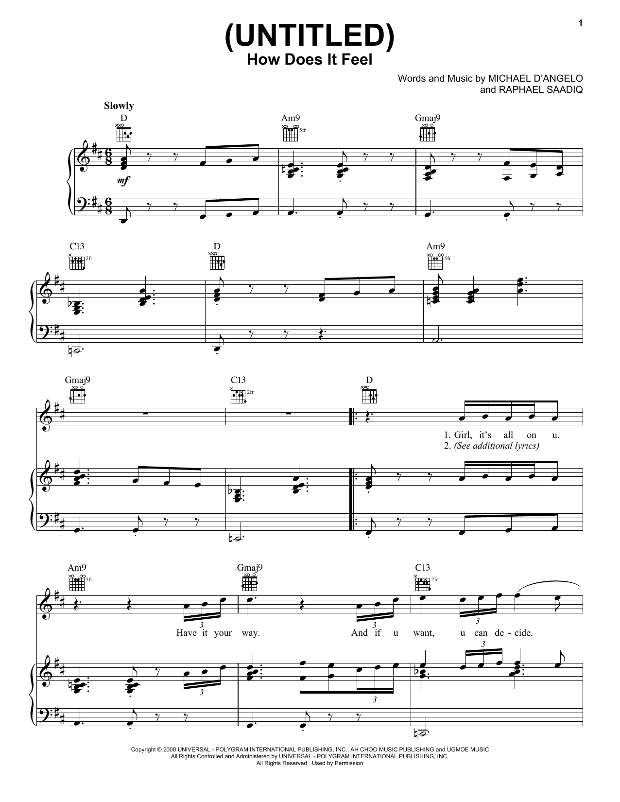 D'Angelo (Untitled) How Does It Feel Sheet Music Notes & Chords for Piano, Vocal & Guitar (Right-Hand Melody) - Download or Print PDF