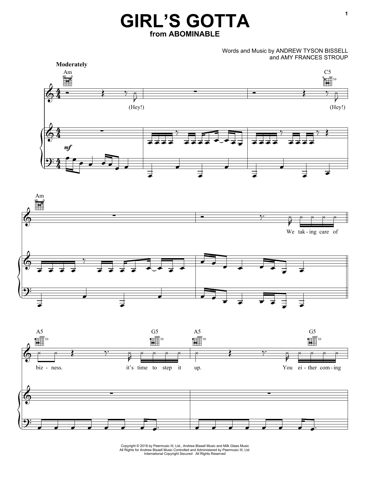 Danger Twins Girl's Gotta (from the Motion Picture Abominable) Sheet Music Notes & Chords for Piano, Vocal & Guitar (Right-Hand Melody) - Download or Print PDF