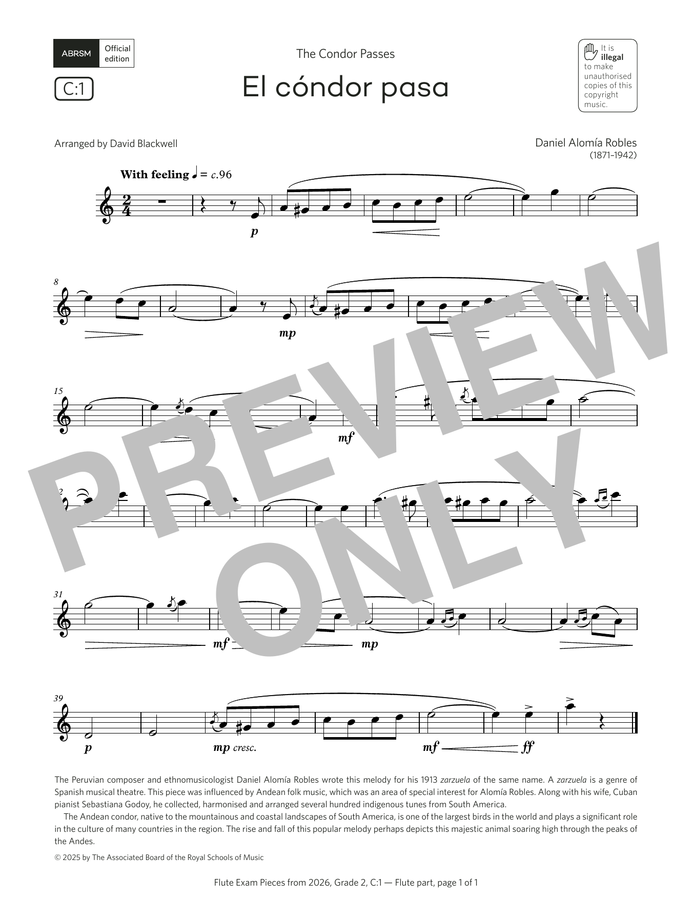 Daniel Alomía Robles El cóndor pasa (Grade 2, list C1, from the ABRSM Flute Syllabus from 2026) Sheet Music Notes & Chords for Flute Solo - Download or Print PDF Daniel Alomía Robles El cóndor pasa (Grade 2, list C1, from the ABRSM Flute Syllabus from 2026) Sheet Music Notes & Chords for Flute Solo - Download or Print PDF