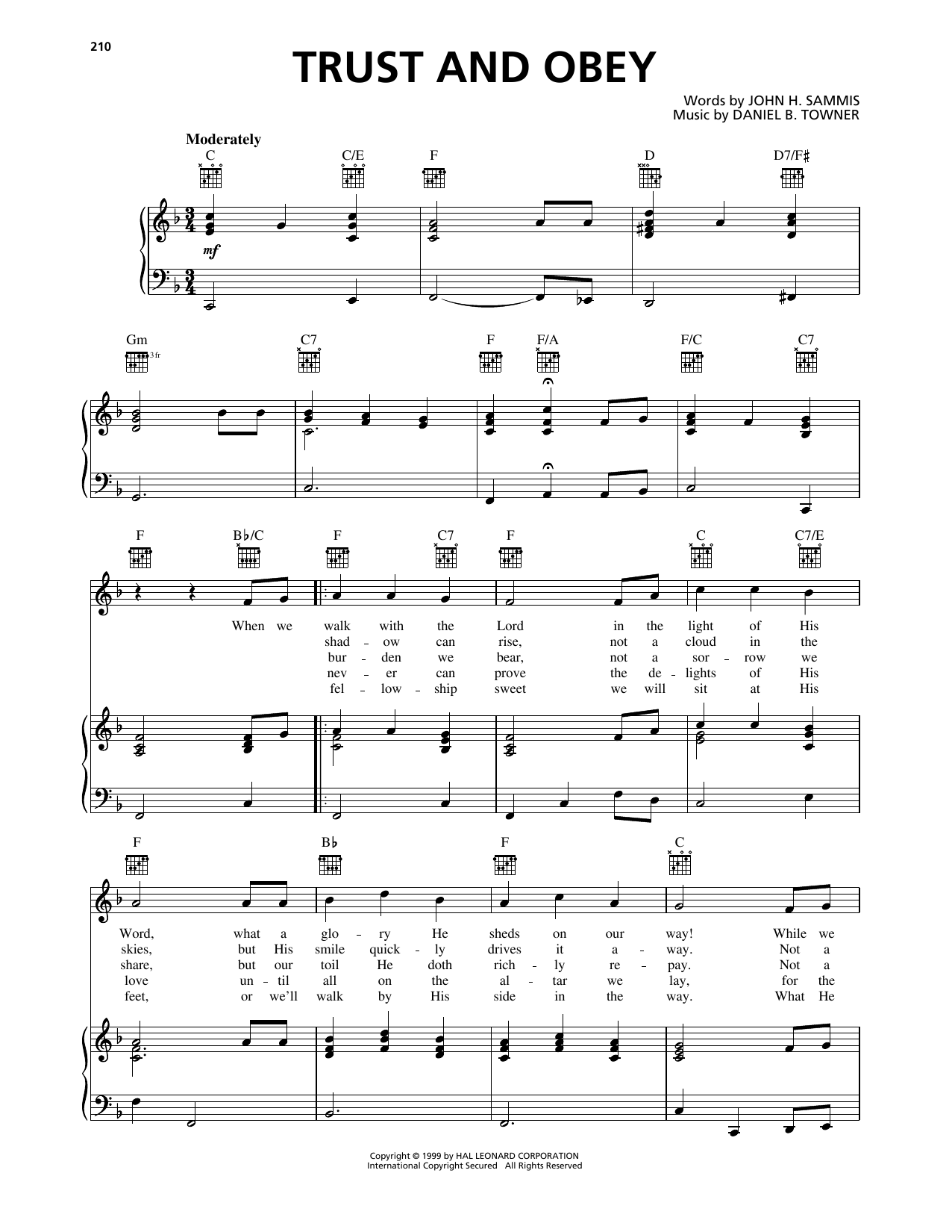 Daniel B. Towner Trust And Obey Sheet Music Notes & Chords for Piano, Vocal & Guitar Chords (Right-Hand Melody) - Download or Print PDF